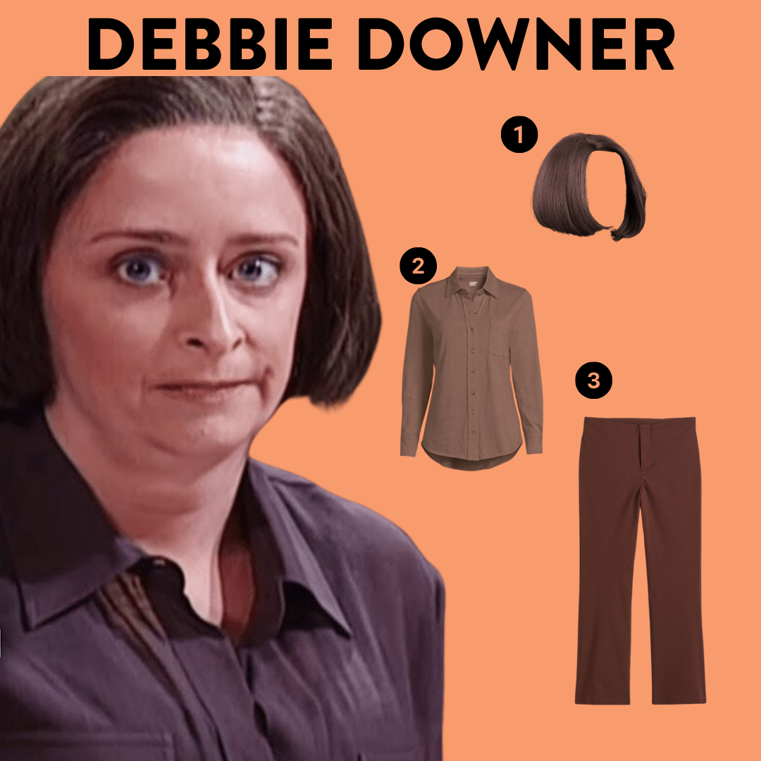 Rachel Dratch as Debbie Downer with numbered costume elements: brown bob wig, brown shirt, brown pants. 