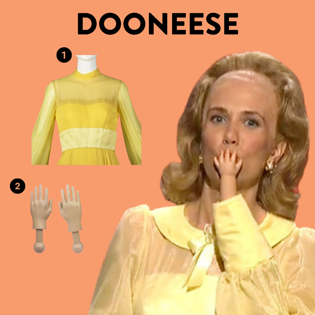 photo of kristin wiig as dooneese with numbered items to make a costume. silk dress and baby hands.