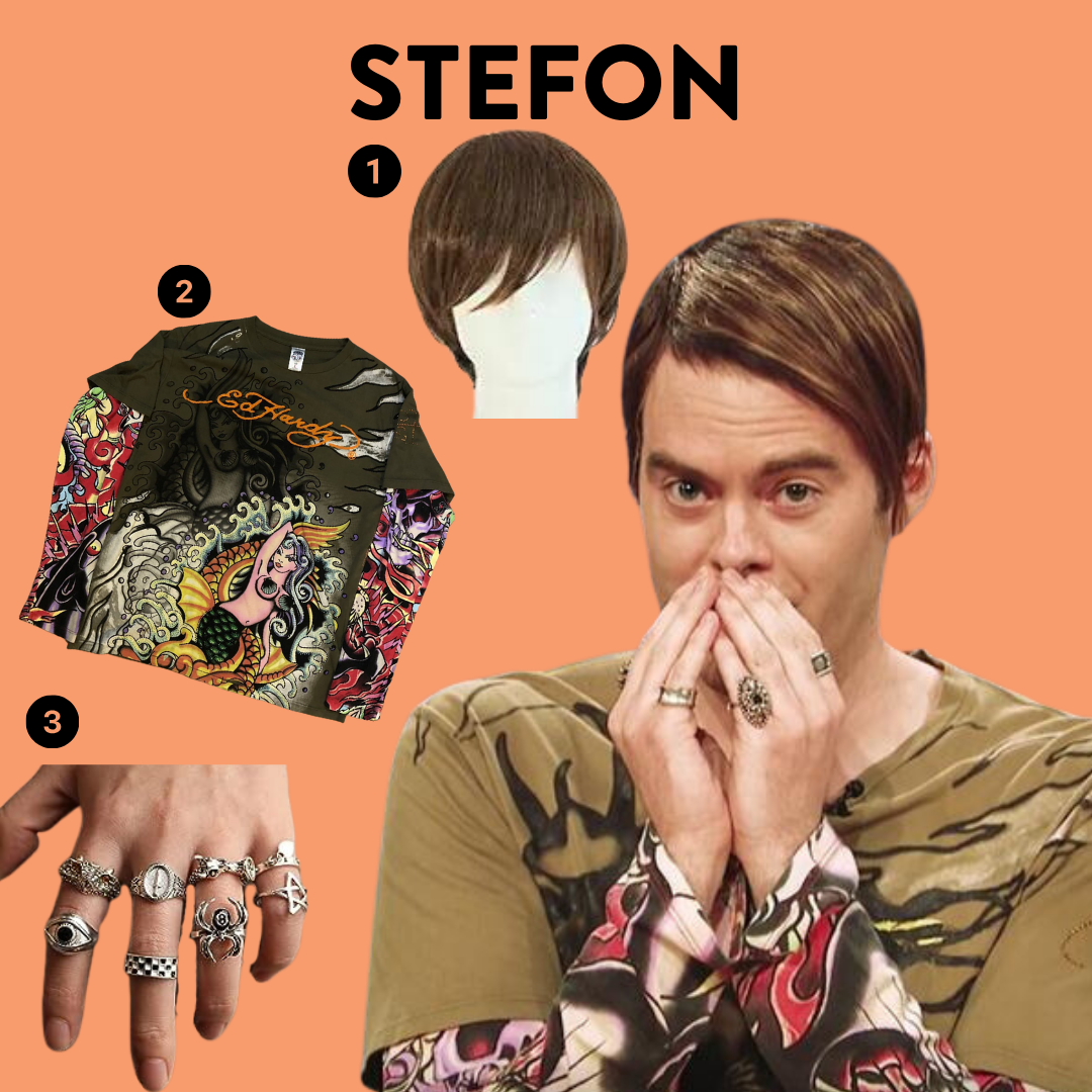 Bill Hader as Stefon with numbered costume elements: emo kid wig, eg hardy tattoo sleeve shirt, rings.