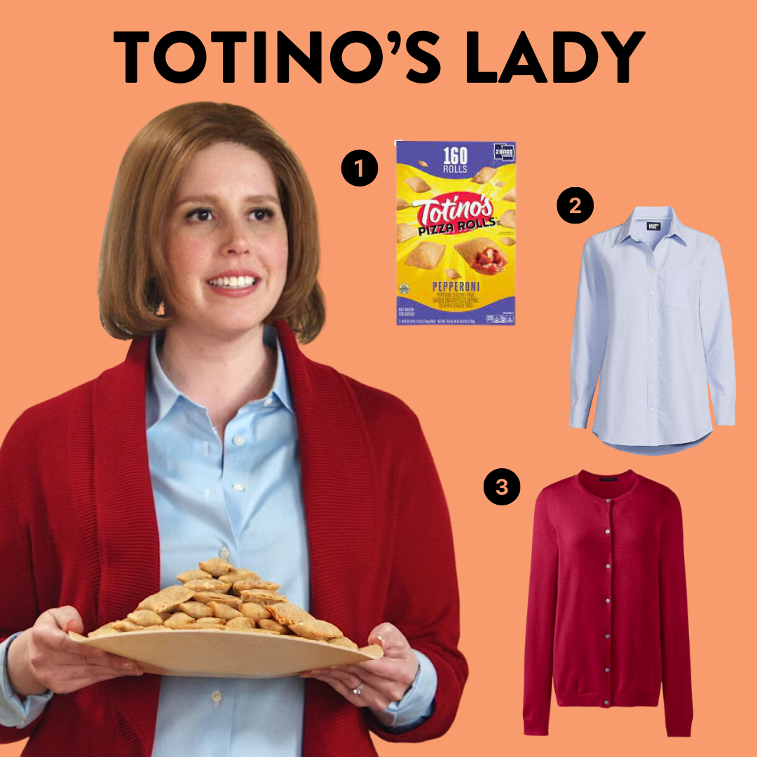 Vanessa Bayer as Totino's lady with numbered costume elements: totinos, a blue button up, a red cardigan 