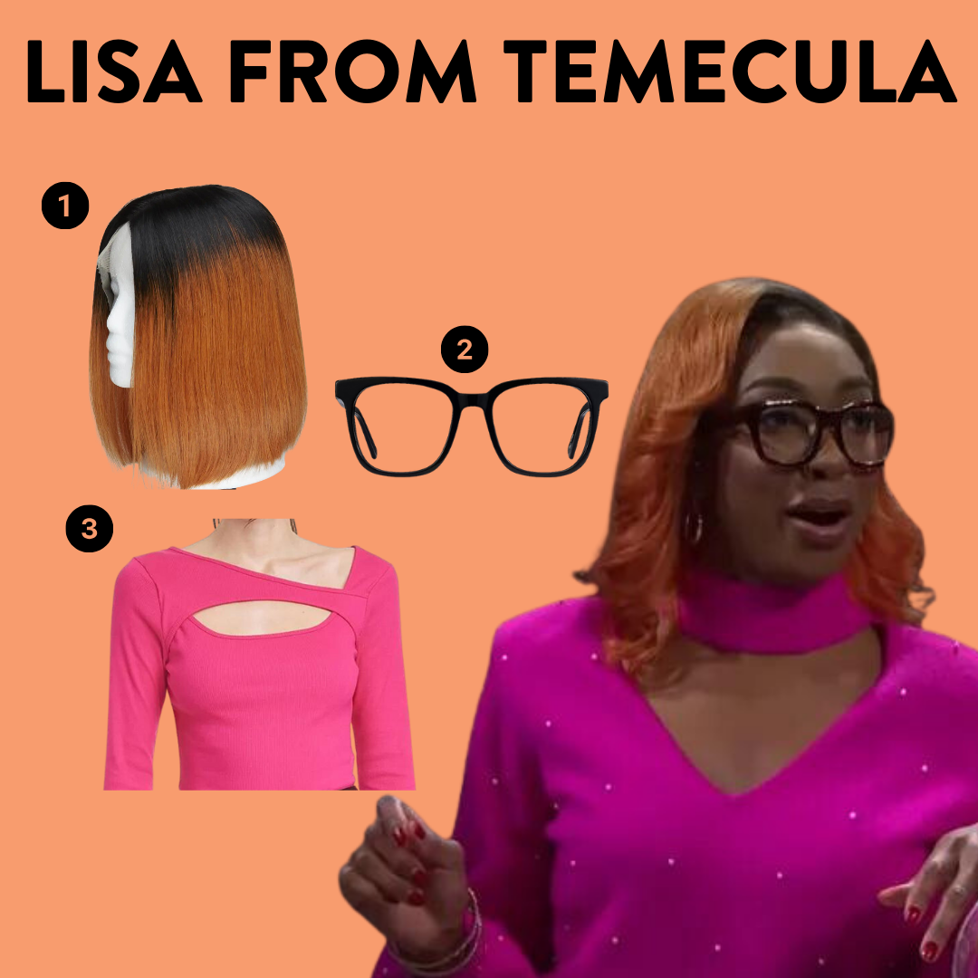 Ego Nwodim as Lisa from Temecula with numbered costume elements, a two tone orange and black wig, large glasses, and a pink long sleeve shirt with cut outs.