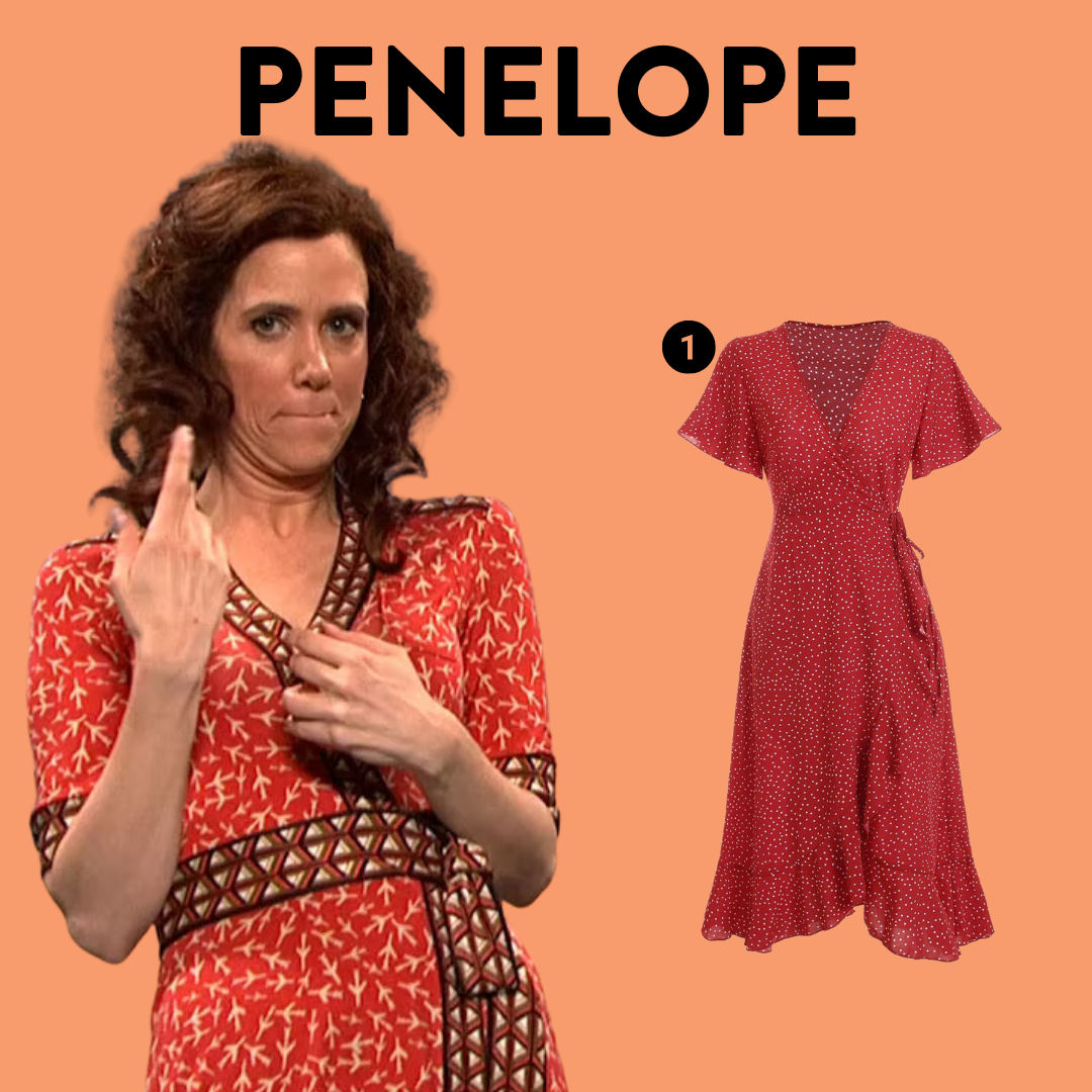 Kristin Wiig as Penelope with numbered costume elements: one wrap dress.