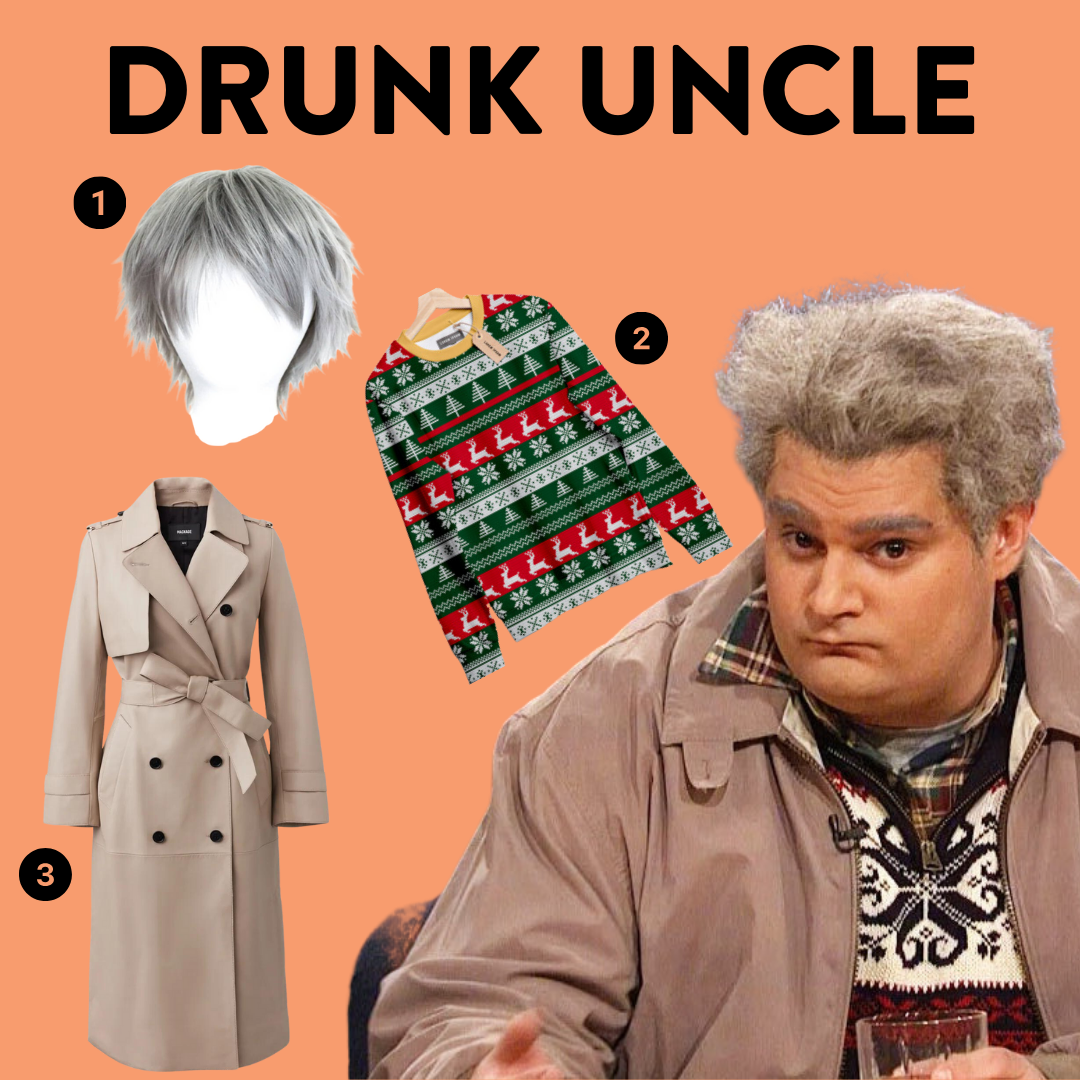 Bobby Moinahan as Drunk uncle with numbered costume elements a gray wig trench coat and christmas sweater