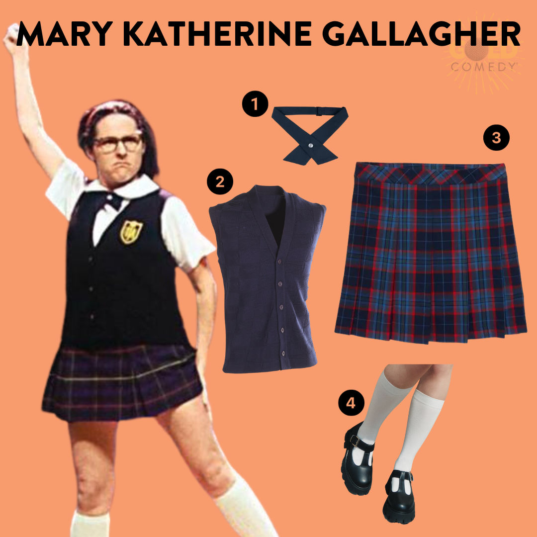 Molly shannon as mary katherine gallagher pictured next to numbered costume elements plaid skirt, knee socks, docs, a tie, and a sweater vest.