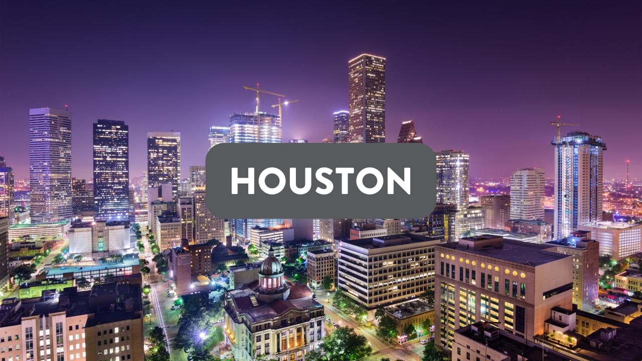 HOUSTON SKYLINE AT NIGHT TEXT READS HOUSTON